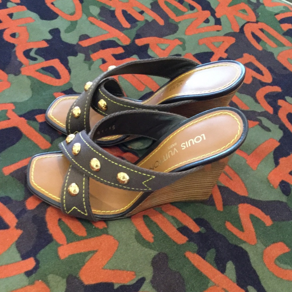 New Louis Vuitton Antigua Canvas Studded Wedges